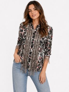 Belissimo New York Large Button Front Blouse Lace Trim Animal Abstract Print Top